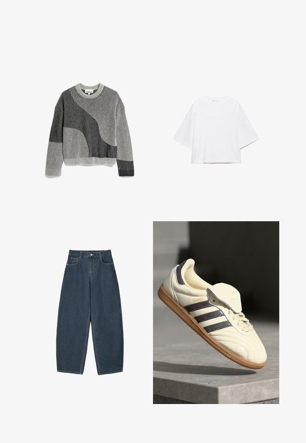 Gebreide pullovertrui in grijs en zwart met geribbelde textuur, voorzien van een abstract geometrisch ontwerp en een ronde hals.; Wit, kort mouw, boxy t-shirt gemaakt van zacht katoen. Heeft een ronde hals en brede mouwen, met een strak, eenvoudig ontwerp.; Donkerblauwe denim wijde broek met hoge taille, voorzien van vijf zakken en zichtbare stikseldetails. Schoon, minimaal ontwerp.; Crème leren sneaker met drie donkere strepen, een bruine gumrubberen zool en een ronde neus. Voorzien van een opvouwbare tong met het label "SAMBA."
