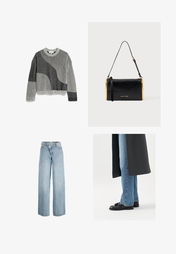 Pull en tricot gris et noir avec texture côtelée, mettant en avant un design géométrique abstrait et un col rond.; Jean large bleu clair à taille haute avec une fermeture asymétrique à double bouton sur le devant.; Mocassins en cuir noir avec des pampilles, portés avec un jean droit bleu clair, complétés par un manteau gris foncé. Lignes épurées et tissu texturé.; Sac à bandoulière en cuir noir Marc Jacobs avec côtés en métal doré et une bandoulière réglable sur un fond uni.