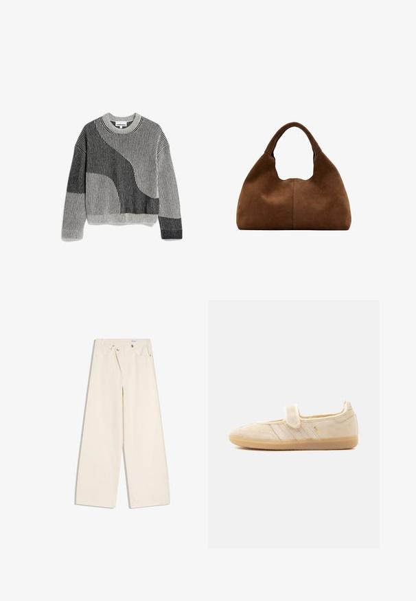 Gebreide pullovertrui in grijs en zwart met geribbelde textuur, voorzien van een abstract geometrisch ontwerp en een ronde hals.; Off-white wijde broek met steekzakken aan de voorkant, lussen voor een riem en zilveren knopen op de tailleband en de randen van de zakken.; Beige suède Mary Jane sneaker met klittenbandsluiting, rubberen zool, drie gestikte strepen en gouden "SAMBA"-branding aan de zijkant.; Bruine suède hobo-tas met een breed, afgerond handvat en een zachte, slungelige vorm tegen een witte achtergrond.
