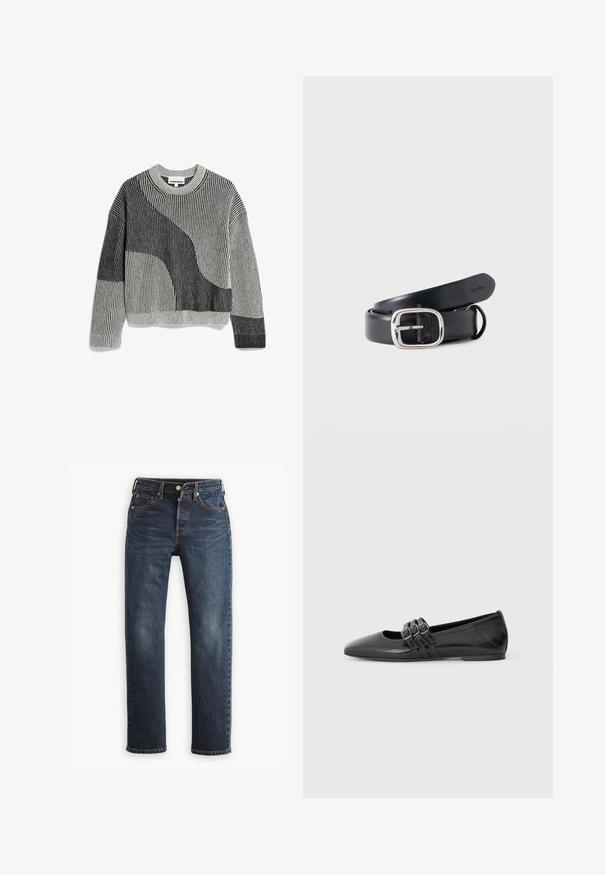 Gebreide pullovertrui in grijs en zwart met geribbelde textuur, voorzien van een abstract geometrisch ontwerp en een ronde hals.; Levi's® 501® JEANS FOR WOMEN - Straight leg jeans - same intent; Zwarte platte schoen met een spitse neus, gemaakt van glad leer. Bevat drie decoratieve banden met gespen over de wreef.; Zwarte leren riem met een rechthoekige zilveren gesp. Glad oppervlak, met gaten voor verstelbaarheid en een merknaam aan de binnenkant.