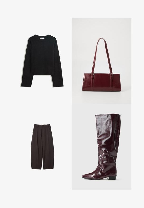 Sort langærmet strikket sweater med rund hals, ribbede manchetter og kant samt cropped længde.; Sorte brede bukser lavet af et glat stof, med høj talje, forfaldne folder og sidelommer. Simpelt design uden udsmykninger.; Knæhøje bordeaux-støvler lavet af blankt syntetisk materiale, med spidse tå og en lav blokhæle med en glat overflade.; Bordeaux håndtaske lavet af glansfuldt materiale, rektangulær form, med to skulderremme og subtile buede detaljer på forsiden.
