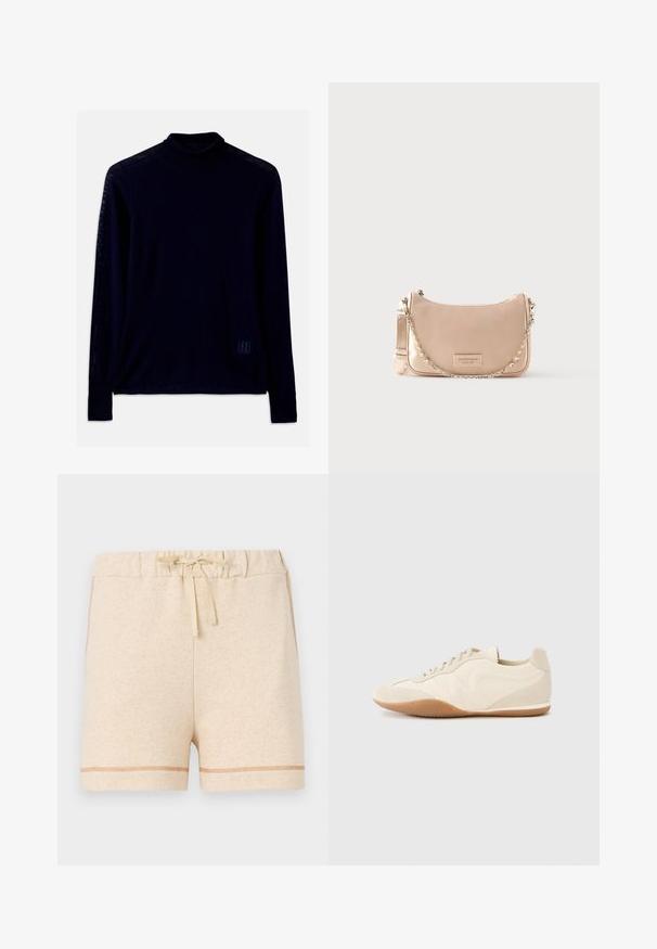 Laivastonsininen pitkähihaisen poolopaita, joka on valmistettu pehmeästä kankaasta; siinä on tiukka kaula ja pieni vaaleansininen logo vasemmalla alhaalla.; Beige puuvillashortsit, joissa on joustava vyötärö ja nyöritys. Ominaisuuksia ovat erottuva ompelu reunassa ja sivuissa.; Vaaleanbeiget tennarit, joissa on teksturoitu nahkainen päällinen, teksturoidut sivupaneelit ja kumipohja. Niissä on ohut, virtaviivainen muotoilu ja tasaiset nauhat.; Vaaleanpunainen käsilaukku, jossa on kaareva siluetti, sileä nahkamateriaali ja ketjuhihna. Edessä on logoplässi.