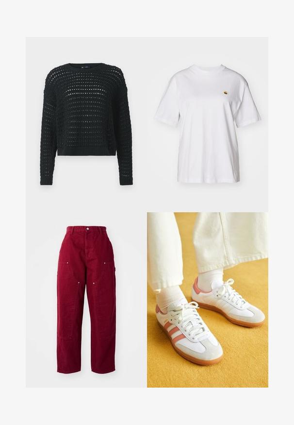 Sort strikket sweater med åbent vævdesign, lange ærmer og ribbet halsudskæring. Har en kort længde og strukturelle detaljer hele vejen igennem.; Hvid bomulds-t-shirt med en afslappet pasform, korte ærmer og et lille broderet logo på venstre brystområde.; Bordeaux brede buks lavet af bomuld, med to store sidelommer, en knaplukning og en afslappet pasform med synlige syninger.; Hvide sportsko med lyserøde accenter, lavet af ruskind og læder, rund tå og gummisål, vist med lyse sokker på en gul baggrund.