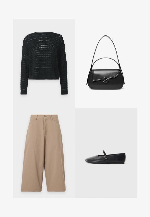 Suéter negro de punto con diseño de trama abierta, mangas largas y cuello acanalado. Presenta un largo corto y un detalle texturizado en toda la prenda.; Pantalones de pierna ancha color caqui, hechos de algodón, con una cintura alta, bolsillos frontales y cierre de un solo botón. Textura suave y corte recto.; Bailarinas de cuero negro con punta afilada, suela plana y una pequeña correa con detalle de hebilla plateada.; Bolso de hombro de cuero negro con una solapa curva asegurada por un broche metálico redondo y una correa delgada y ajustable.