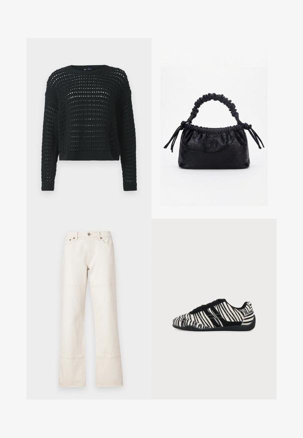Suéter negro de punto con diseño de trama abierta, mangas largas y cuello acanalado. Presenta un largo corto y un detalle texturizado en toda la prenda.; Jeans de pierna ancha y cintura alta hechos de denim beige. Cuentan con bolsillos, un cierre de botón en la parte frontal y costuras en contraste a lo largo de las costuras.; Zapatilla de deporte negra y blanca con cordones, patrón de rayas de cebra y suela negra texturizada sobre un fondo claro y liso.; Bolso negro con textura de cocodrilo, borde superior fruncido, asa recogida y cordones con borlas en cada lado sobre un fondo blanco.