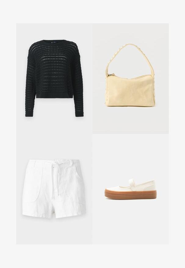 Sort strikket sweater med åbent vævdesign, lange ærmer og ribbet halsudskæring. Har en kort længde og strukturelle detaljer hele vejen igennem.; Hvide linnedshorts med snøre i taljen, har to forlommer og en glat tekstur. Simpelt design uden pynt.; Hvid lærreds-Mary Jane-sko med en tyk brun gummisål og en enkelt rem over vristen.; Lille beige læderhåndtaske med en enkelt rem og sølvnitter langs kanterne og remmen, sat mod en ensfarvet baggrund.
