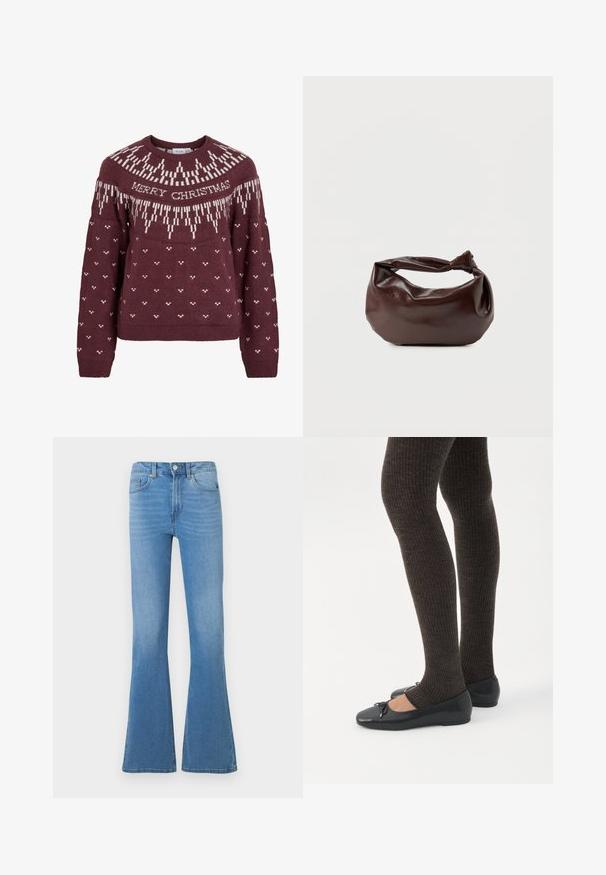 Pull bordeaux à encolure ronde avec le texte blanc "MERRY CHRISTMAS" et un motif de flocon de neige tricoté sur le yoke et le corps.; Jean évasé en denim bleu clair avec une taille mi-haute, doté de poches avant et d'une fermeture à boutons. Texture lisse et design classique à cinq poches.; Jambes portant des leggings côtelés foncés associés à des ballerines noires avec de petits détails en nœud sur fond blanc.; Sac bandoulière en cuir marron foncé avec une forme souple et décontractée et une anse nouée torsadée sur un fond blanc uni.