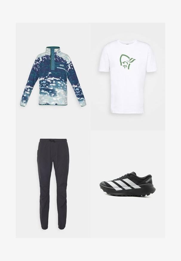 Fleece pullover met lange mouwen en hoge kraag, drukknoopjes, borstzak met ritssluiting, en een blauw-wit abstract patroon.; Norrøna /29 COTTON VIKING T-SHIRT - T-shirt print - pure white; Zwarte, lichte outdoorbroek met een elastische tailleband, trekkoordsluiting en twee zijzakken met rits. Gemaakt van ademend materiaal.; Zwart-witte Adidas Terrex trailrunningschoen met dikke zool en grof profiel, zijaanzicht op een effen lichte achtergrond.