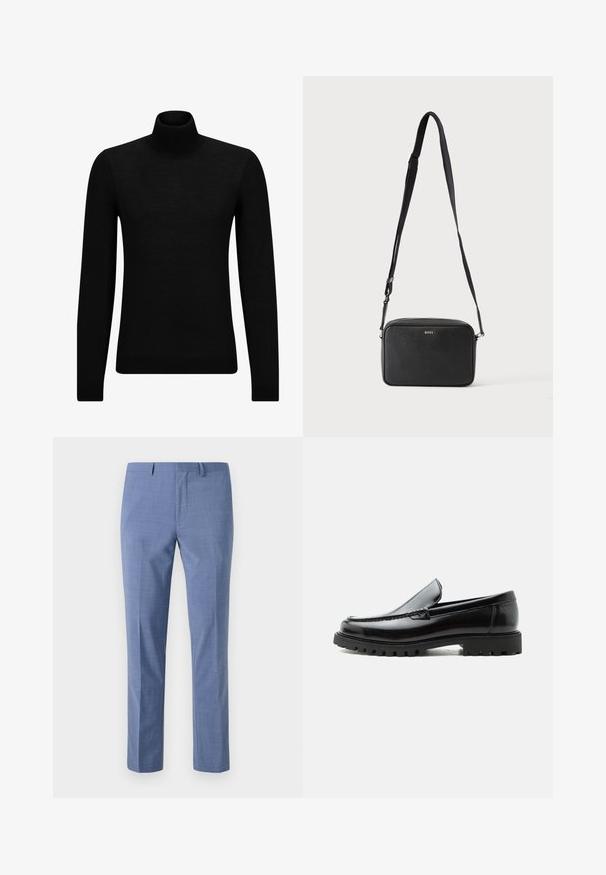 Sort turtleneck sweater lavet af blødt materiale, med lange ærmer og en tætsiddende pasform. Ribbet trim ved kanten og manchetter. Simpelt design.; Lysblå dressbukser i skræddersyet pasform, struktureret stof, flad front, skrå sidelommer og en glat talje med bæltesløjfer.; Sort læderloafer med chunky gummisål, syet overdel og præget mærkenavn på hælen, vist i sideprofil på hvid baggrund.; Sort rektangulær crossbody taske med justerbar rem og BOSS-logo foran, sat mod en ensfarvet lys baggrund.
