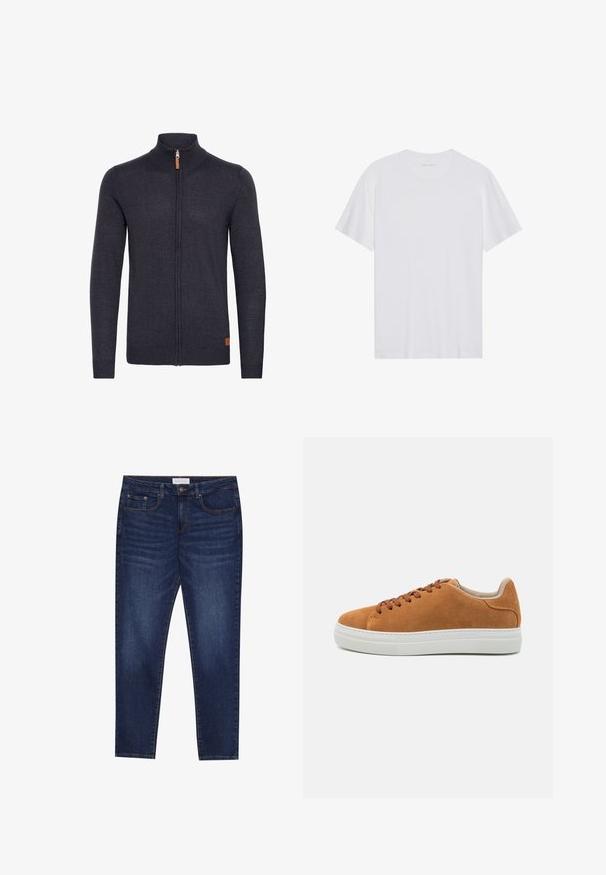 Donkergrijze gebreide cardigan met een hoge kraag, volledige ritssluiting aan de voorkant, geribbelde manchetten en zoom, met een klein leren accent near de onderkant.; Witte katoenen T-shirt met korte mouwen, een ronde hals en een gladde textuur. Heeft minimale branding op de halslijn.; Donkerblauwe slim-fit jeans met vijf zakken, knoopsluiting en contrasterende stiksels, gelabeld Pier One op de tailleband.; Tanm kleurige suède casual schoenen met bruine veters, een witte rubberen zool, een ronde neus en een minimalistisch ontwerp met een gestructureerde hakaccent.