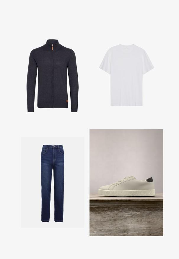 Donkergrijze gebreide cardigan met een hoge kraag, volledige ritssluiting aan de voorkant, geribbelde manchetten en zoom, met een klein leren accent near de onderkant.; Witte katoenen T-shirt met korte mouwen, een ronde hals en een gladde textuur. Heeft minimale branding op de halslijn.; Donkerblauwe denim jeans met een recht model, vijf zakken, een knoopsluiting en subtiele horizontale stiksels.; Witte sneaker met gestructureerde zool en zwarte hieldetails, zwevend boven een houten bank met hoge groene graspluimen op de achtergrond.
