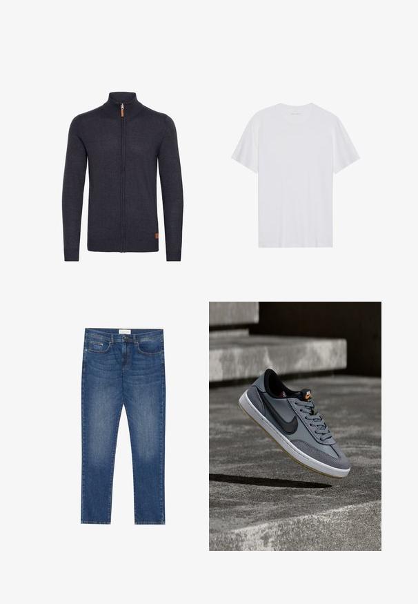 Donkergrijze gebreide cardigan met een hoge kraag, volledige ritssluiting aan de voorkant, geribbelde manchetten en zoom, met een klein leren accent near de onderkant.; Witte katoenen T-shirt met korte mouwen, een ronde hals en een gladde textuur. Heeft minimale branding op de halslijn.; Heren blauwe spijkerbroek met een rechte snit, vijf zakken, lichte vervagingsdetails en een standaard knoop- en ritsluiting.; Nike sneaker van grijs leer en suède, met een zwarte swoosh, een witte middenzool en een gestructureerde rubberen buitenzool met gumaccenten.