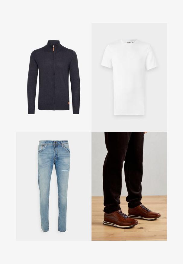 Donkergrijze gebreide cardigan met een hoge kraag, volledige ritssluiting aan de voorkant, geribbelde manchetten en zoom, met een klein leren accent near de onderkant.; Effen wit T-shirt met korte mouwen en een ronde hals, met een klein merklintje aan de binnenkant van de kraag, weergegeven op een witte achtergrond.; Lichtblauwe slim fit jeans, met versleten accenten, vijf-pocket design en een knoopsluiting. Gemaakt van denim stof met een gladde textuur.; Bruine leren sneakers met een witte en grijze rubberen zool, marineblauwe veters en zijaccenten. Draagt met donkere corduroy broek op een houten vloer.