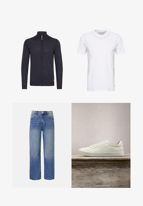 Gilet tricoté gris foncé avec un col montant, fermeture éclair intégrale à l'avant, poignets et ourlet côtelés, avec un petit accent en cuir près du bas.; T-shirt blanc à manches courtes en coton, avec un col rond et un design simple. Étiquette de marque visible au niveau du cou. Aucun motif ni accent.; Jeans en denim bleu clair à jambes larges avec un motif délavé, cinq poches et une fermeture à glissière. Comprend un bouton et des passants de ceinture à la taille.; Sneaker en dentelle blanche flottant au-dessus d'un banc en bois avec un feuillage vert en arrière-plan, mettant en valeur le design et la texture de la chaussure.