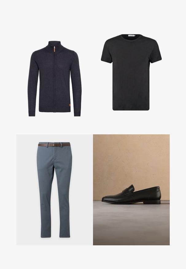 Donkergrijze gebreide cardigan met een hoge kraag, volledige ritssluiting aan de voorkant, geribbelde manchetten en zoom, met een klein leren accent near de onderkant.; Zwarte katoenen t-shirt met een ronde halslijn en korte mouwen. De stof heeft een gladde textuur en geen patronen of accenten. Regular fit.; Grijze broek met rechte pijpen en een bruine leren riem, weergegeven tegen een eenvoudige lichte achtergrond.; Zwarte leren loafer schoenen zwevend in de lucht boven een beige tapijt met een beige bank op de achtergrond.