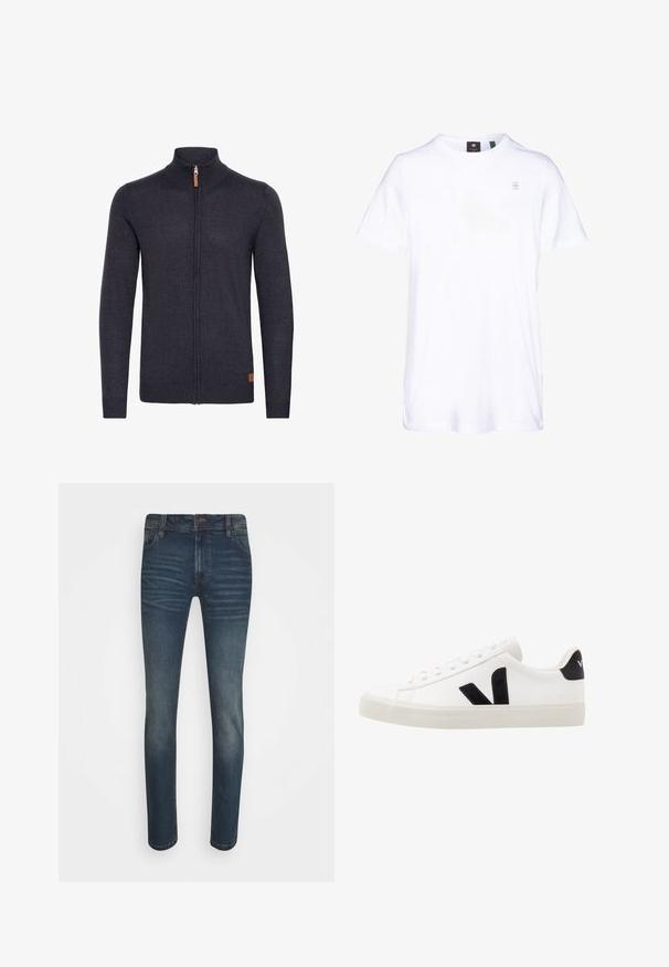 Donkergrijze gebreide cardigan met een hoge kraag, volledige ritssluiting aan de voorkant, geribbelde manchetten en zoom, met een klein leren accent near de onderkant.; Witte katoenen t-shirt met korte mouwen, ronde hals en subtiele logo op de borst. Zachte textuur en standaard pasvorm. Eenvoudig ontwerp zonder patronen.; Donkerblauwe denim jeans met een slim fit, met een klassieke vijf-pocketontwerp, vervaagde gebieden en subtiele textuurlijnen aan de voorkant.; Witte leren sneaker met zwarte suède accenten; voorzien van een rubberen zool, ronde neus en een klassieke vetersluiting. Zijkant met logo in het zwart.