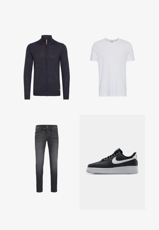 Donkergrijze gebreide cardigan met een hoge kraag, volledige ritssluiting aan de voorkant, geribbelde manchetten en zoom, met een klein leren accent near de onderkant.; Effen wit T-shirt met korte mouwen en een ronde hals, getoond op een witte achtergrond, met een klein neklabel waarop het merk “Solid” staat.; Zwarte jeans voor heren in een slim fit. Gemaakt van denim met een gladde textuur, met vijf zakken, een knoopsluiting en subtiele vervaging.; Zwarte lederen sneaker met een textuur oppervlak, witte Nike swoosh, grijze zool, ronde neus en vetersluiting. Bevat perforaties op de neus.