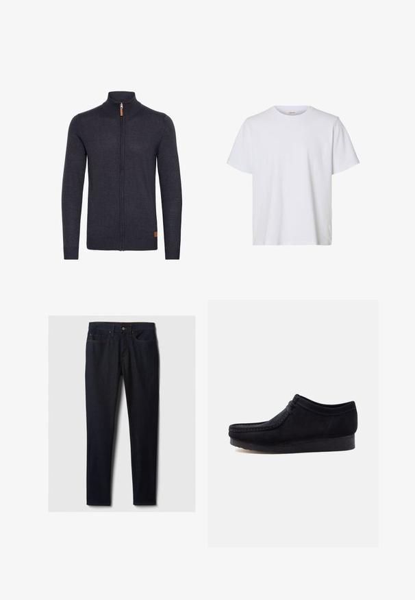 Donkergrijze gebreide cardigan met een hoge kraag, volledige ritssluiting aan de voorkant, geribbelde manchetten en zoom, met een klein leren accent near de onderkant.; Effen wit T-shirt met korte mouwen en ronde hals, met een regular fit en een gladde stoftextuur, weergegeven op een witte achtergrond.; Donkerblauwe denim jeans met een recht gesneden ontwerp, voorzien van zijzakken, een metalen knoopsluiting en contrasterende gele stiksel.; Zwarte suède mocassinstijl schoen met veters aan de voorkant en een crêpezool, zijaanzicht tegen een witte achtergrond.
