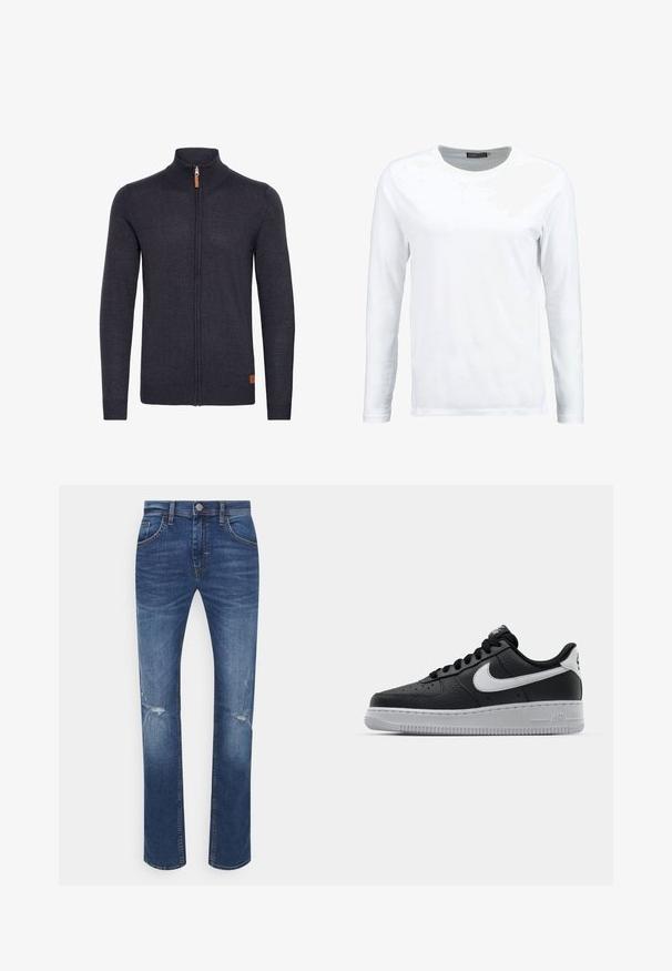 Donkergrijze gebreide cardigan met een hoge kraag, volledige ritssluiting aan de voorkant, geribbelde manchetten en zoom, met een klein leren accent near de onderkant.; Witte langemouwen T-shirt gemaakt van katoen, met een ronde hals en een gladde textuur. Geen patronen of accenten. Eenvoudig ontwerp.; Blauwe denim jeans met lichte vervaging en kleine versleten scheurtjes op de knieën, met voorzakken, riemlussen en een knoopsluiting.; Zwarte lederen sneaker met een textuur oppervlak, witte Nike swoosh, grijze zool, ronde neus en vetersluiting. Bevat perforaties op de neus.