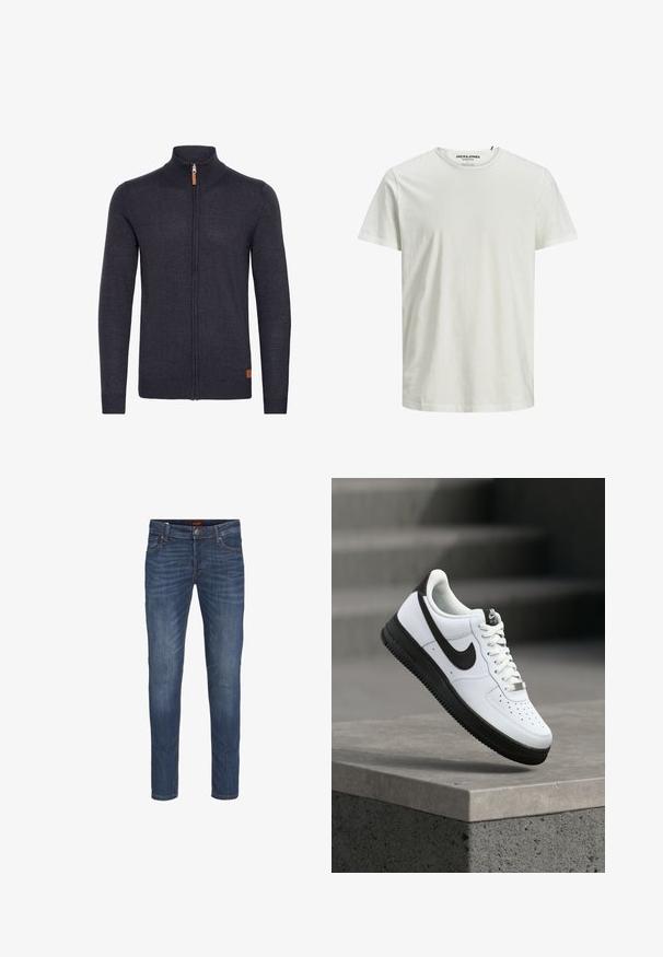 Gilet tricoté gris foncé avec un col montant, fermeture éclair intégrale à l'avant, poignets et ourlet côtelés, avec un petit accent en cuir près du bas.; T-shirt blanc à manches courtes en coton biologique. Il présente un col rond et une coupe décontractée, avec une texture simple et lisse.; Jean en denim bleu foncé avec une coupe slim, cinq poches et un léger effet délavé. Comprend des accents de couture et une fermeture standard par bouton.; Baskets en cuir blanc avec accents noirs, bout arrondi et détails perforés. Semelle en caoutchouc noire avec motif texturé et fermeture à lacets.