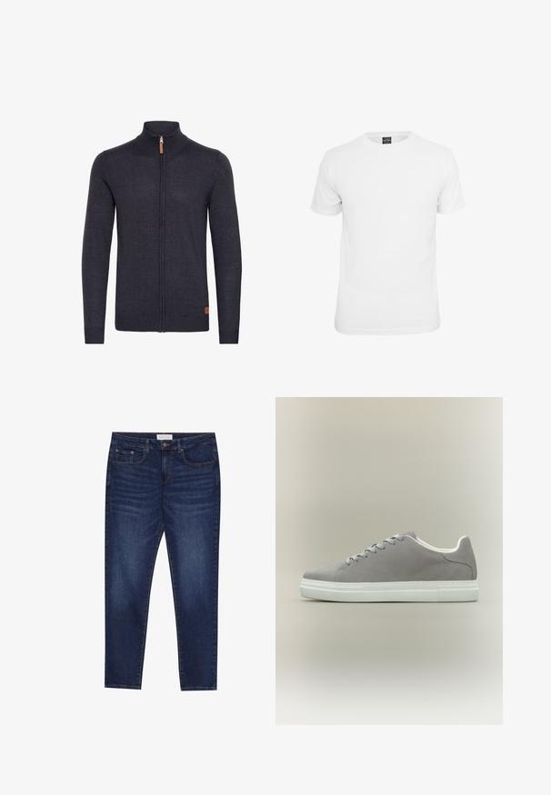 Gilet tricoté gris foncé avec un col montant, fermeture éclair intégrale à l'avant, poignets et ourlet côtelés, avec un petit accent en cuir près du bas.; T-shirt blanche à manches courtes, en coton, avec un col rond et une texture lisse, conçue pour un usage décontracté.; Jean slim-fit bleu foncé avec cinq poches, fermeture à bouton et couture contrastante, étiqueté Pier One à la taille.; Baskets en daim gris avec semelle en caoutchouc blanche et lacets, présentant un design bas et une texture lisse. Style minimaliste sans logos visibles.