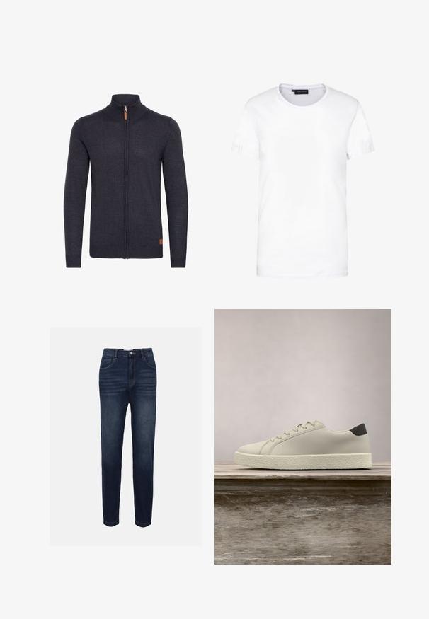 Gilet tricoté gris foncé avec un col montant, fermeture éclair intégrale à l'avant, poignets et ourlet côtelés, avec un petit accent en cuir près du bas.; T-shirt en coton blanc, à manches courtes, col rond, design uni, texture douce, coupe droite, taille standard, sans motifs ni accents visibles.; Jeans en denim bleu foncé avec une coupe droite, comprenant des poches avant et des détails de couture horizontale subtils. Design classique à cinq poches.; Baskets blanches avec semelle texturée et détail noir au talon, flottant au-dessus d'un banc en bois avec de hautes herbes vertes en arrière-plan.