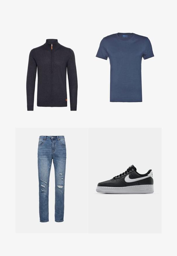 Gilet tricoté gris foncé avec un col montant, fermeture éclair intégrale à l'avant, poignets et ourlet côtelés, avec un petit accent en cuir près du bas.; T-shirt en coton bleu marine avec un col rond, des manches courtes et une texture lisse et unie. Aucun motif ni détail matériel visible.; Jean en denim bleu à coupe droite, avec des patchs déchirés, cinq poches et une fermeture à bouton. Design classique taille moyenne.; Baskets en cuir noir avec surface texturée, swoosh Nike blanc, semelle grise, bout rond et design à lacets. Comprend des perforations sur la boîte à orteils.