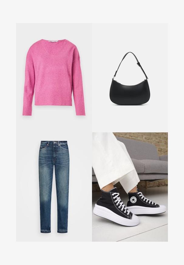 Un pull en tricot rose avec un col en V, des manches longues, des poignets côtelés et une texture douce. Le design présente une coupe légèrement ample.; Weekday ROWE EXTRA HIGH - Jean droit - vintage blue; Baskets montantes noires avec semelles et lacets en caoutchouc blanc. Dotées d'un patch logo rond et de surpiqûres blanches contrastantes. Matière en toile.; Pieces PCALUANA SHOULDER BAG - Sac à main - black