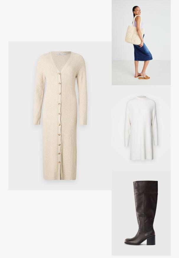 Suéter blanco de manga larga con un diseño acanalado, cuello alto y un ajuste suelto y holgado. Textura suave y dobladillo recto con aberturas laterales.; Vestido cárdigan largo beige de canalé con mangas largas y cierre frontal de botones que se extiende a lo largo de toda su longitud.; Bota de cuero marrón hasta la rodilla con puntera redonda y tacón apilado. Presenta una textura suave y detalle de costura lateral.; Bolso tote de color beige acolchado con asas gruesas, diseño espacioso y textura suave, sostenido por una persona que lleva una blusa de color púrpura claro y una falda de mezclilla azul.