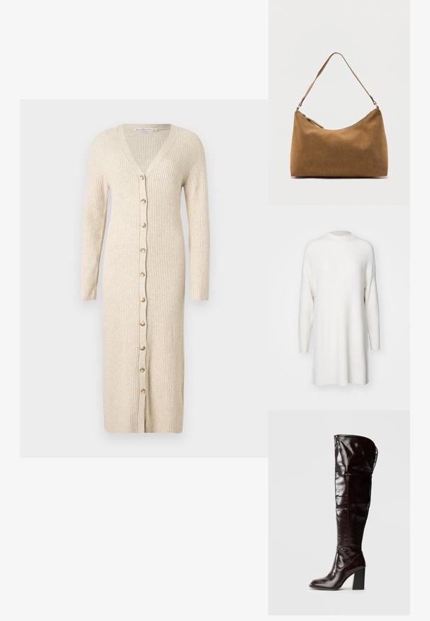 Suéter blanco de manga larga con un diseño acanalado, cuello alto y un ajuste suelto y holgado. Textura suave y dobladillo recto con aberturas laterales.; Vestido cárdigan largo beige de canalé con mangas largas y cierre frontal de botones que se extiende a lo largo de toda su longitud.; Botas de cuero burdeos brillante hasta la rodilla, con punta cuadrada y tacón ancho, con un diseño holgado y detalles mínimos de costura.; Bolso de hombro de ante marrón con una sola correa y cierre de cremallera superior, exhibido sobre un fondo blanco liso.