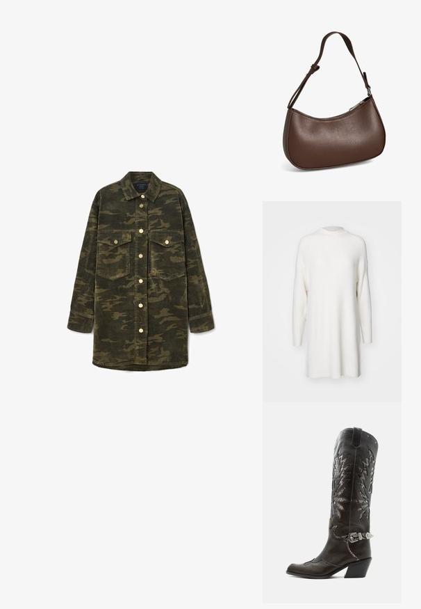 Suéter blanco de manga larga con un diseño acanalado, cuello alto y un ajuste suelto y holgado. Textura suave y dobladillo recto con aberturas laterales.; Camisa chaqueta de pana de manga larga en camuflaje verde y marrón, con cuello, cierre de botones y dos bolsillos de solapa en el pecho.; Bota cowboy de cuero negro con recortes decorativos, hebilla plateada y tacón inclinado, presentada sobre fondo blanco.; Pequeño bolso bandolera de cuero marrón con correa ajustable y cierre de cremallera, mostrado sobre un fondo blanco. Sin logotipos ni adornos visibles.