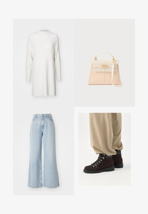 Witte, geribbelde langemouwen trui met een hoge hals en een losse, oversized pasvorm. Zachte textuur en rechte onderkant met zijsplits.; Lichtblauwe wijde jeans van denim. Heeft een hoge taille, sluiting met voorknop en twee zijzakken. Versleten textuur langs de randen.; Bruine suède wandelschoenen met zwarte rubberen zolen, metalen oogjes en veters. Gecombineerd met brede beige broek, waarbij de onderste helft van de outfit zichtbaar is.; Gestructureerde handtas met lichtroze en witte leren details, een gouden sluiting, een handvat bovenaan en een verstelbare band voor veelzijdig dragen.