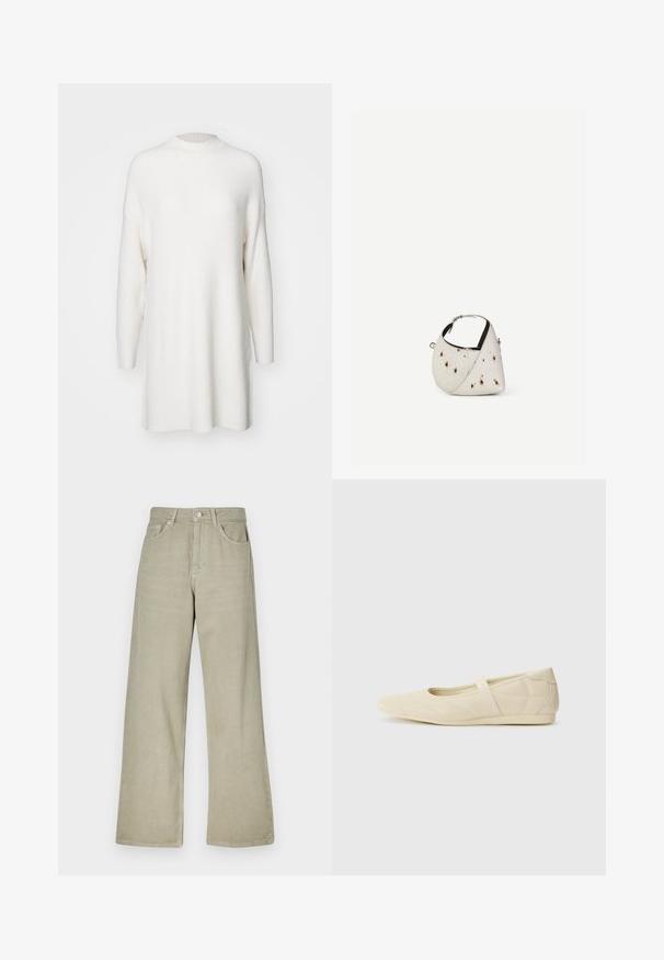 Witte, geribbelde langemouwen trui met een hoge hals en een losse, oversized pasvorm. Zachte textuur en rechte onderkant met zijsplits.; Khaki wijde jeans van katoenmix. Met knoopsluiting, vijf zakken en een schone, gestructureerde stofafwerking.; Beige ballerina's met een gladde leren buitenkant, amandelvormige punt en elastische band over de wreef, met subtiele stiksels.; Kleine witte handtas met bruine vlekken, afgeronde driehoekige vorm, zwarte binnenvoering en korte verstelbare band met zilveren gesp.