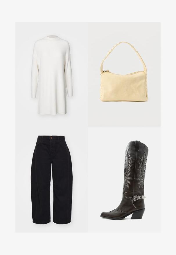 Hvid, ribbet langærmet sweater med høj hals og en løs, oversized pasform. Blød tekstur og lige kant med sideskår.; Free People GOOD LUCK MID RISE BARREL - Jeans Relaxed Fit - soundwave; Sort læder cowboystøvle med dekorative udskæringer, sølvspænde og skrå hæl, vist på hvid baggrund.; Lille beige læderhåndtaske med en enkelt rem og sølvnitter langs kanterne og remmen, sat mod en ensfarvet baggrund.