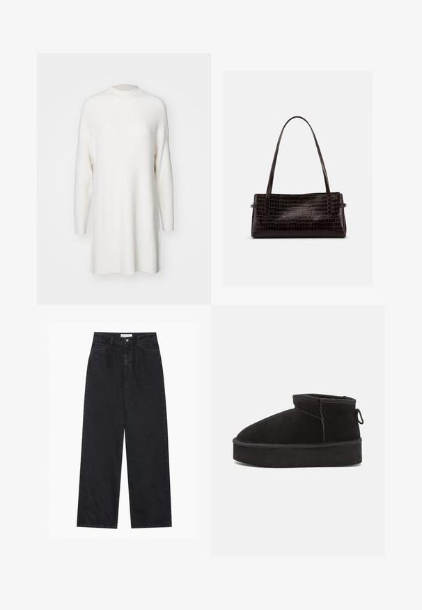 Hvid, ribbet langærmet sweater med høj hals og en løs, oversized pasform. Blød tekstur og lige kant med sideskår.; Sorte højtaljede bredbenede denimjeans med frontknap og lynlås, bæltestropper og fem-lomme stil.; Sorte ruskinds ankelstøvler med en rund tå, der har en forhøjet sål og en sidesløjfe for nem påtagning. Designet er enkelt med minimale detaljer.; Rektangulær mørkebrun håndtaske med præget krokodilletekstur og to tynde skulderremme mod en ensfarvet baggrund.