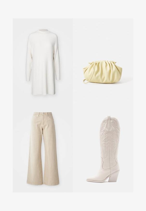 Hvid, ribbet langærmet sweater med høj hals og en løs, oversized pasform. Blød tekstur og lige kant med sideskår.; Beige brede benjeans lavet af denim, med høj talje, forlommer og et enkelt design uden mønstre eller detaljer.; Hvide læder cowboystøvler med spidse tæer og blokhæle. Har intrikate syninger på skaftet og en glat tekstur.; Gul plisseret håndtaske lavet af glat kunstlæder, med en blød form, en enkelt skulderrem og samlet topdesign.