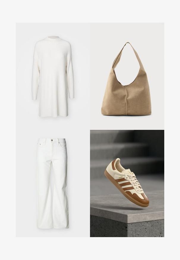 Witte, geribbelde langemouwen trui met een hoge hals en een losse, oversized pasvorm. Zachte textuur en rechte onderkant met zijsplits.; Witte jeans met rechte pijpen en hoge taille, voorzien van een knoopsluiting aan de voorkant, rits, en zij- en achterzakken, tegen een effen lichte achtergrond.; Klassieke sneaker met een crème kleurige leren bovenkant, bruine accenten, drie strepen en een textuurrijke gumzool. Voorzien van een afgeronde neus en vetersluiting.; Hobo tas in zacht beige suede met een slungelige vorm, brede schouderband en een handgestikte naad langs de voorkant.