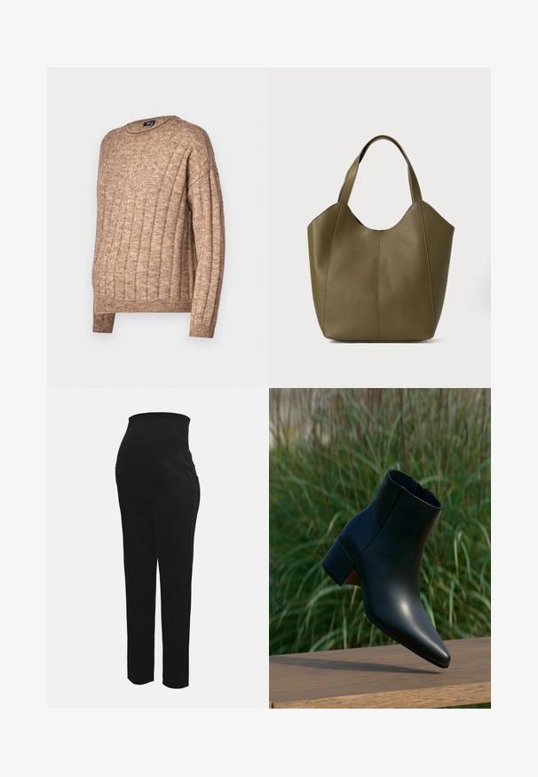 Suéter marrón de canalé con cuello redondo, que presenta un diseño de punto texturizado. Manga larga y un corte holgado, con detalles de costura visibles.; Pantalones de maternidad negros con una cinturilla alta elástica diseñada para apoyar una barriga de embarazada, con corte recto y bolsillos frontales.; Botín negro de cuero con tacón bloque, punta puntiaguda, exhibido sobre superficie de madera con fondo borroso de césped verde.; Bolso tote de piel verde oliva con asas dobles, textura suave y diseño de cuatro paneles. Costura reforzada a lo largo de las costuras para mayor durabilidad.