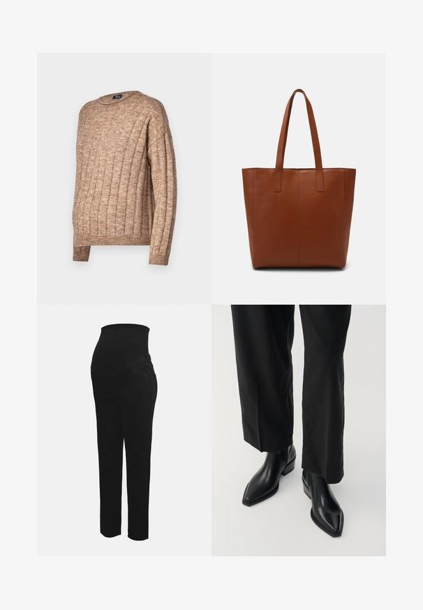 Brun ribbet sweater med rund hals, der har et tekstureret strikdesign. Lange ærmer og en afslappet pasform med synlige søm-detaljer.; Sorte graviditetsbukser med strækbar høj talje designet til at støtte en gravid mave, lige ben og forlommer.; Sorte læder ankelstøvler med spids tå, glat tekstur og firkantet hæl. Kombinationen med sorte, vide bukser skaber en slank silhuet.; Brun læder tote taske med en glat tekstur, lodrette søm-detaljer og to flade håndtag. Åben topdesign, rummeligt interiør.