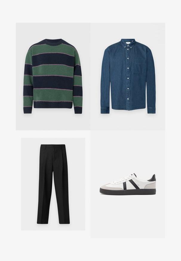 Pull en tricot de couleur bleu marine et vert avec des rayures horizontales. Encolure ronde et poignets côtelés. Texture douce avec des rayures accentuées en rose.; Chemise en denim bleu foncé boutonnée, manches longues, une poche avant à gauche et un col boutonné, présentée sur fond blanc.; Pantalon noir droit avec bouton sur le devant et passants pour ceinture, présenté sur un fond clair uni.; Baskets blanches avec des accents noirs et gris, présentant un embout texturé gris, une semelle en caoutchouc noir et des lacets plats blancs. Design épuré, style minimaliste.