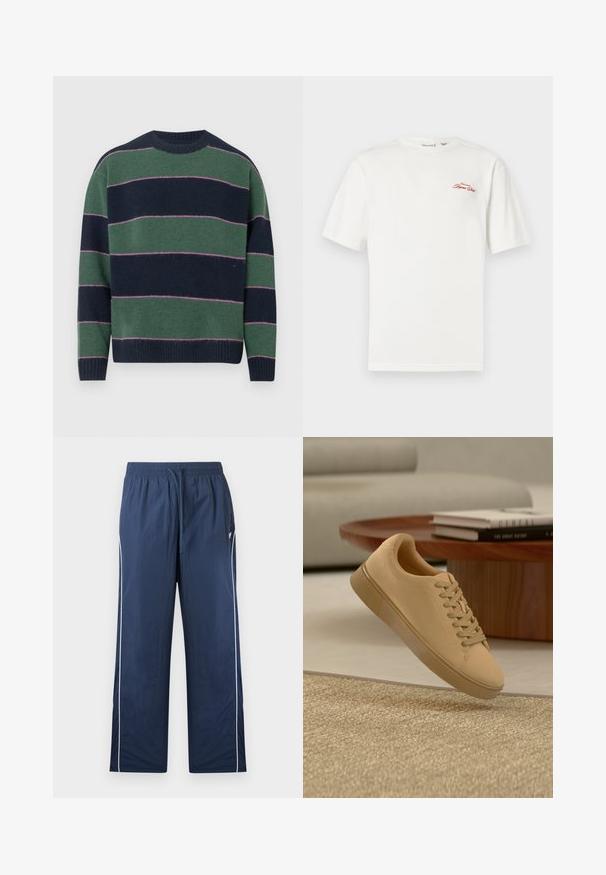 Pull en tricot de couleur bleu marine et vert avec des rayures horizontales. Encolure ronde et poignets côtelés. Texture douce avec des rayures accentuées en rose.; T-shirt en coton blanc à manches courtes et col rond. Présente un logo rouge brodé sur la partie gauche de la poitrine.; Pantalon de survêtement bleu marine avec taille élastique, cordon de serrage, liseré blanc sur les côtés et petit logo sur le côté supérieur gauche.; Baskets beiges à lacets flottant au-dessus d'un tapis texturé avec une table basse en bois et des livres empilés en arrière-plan flou.