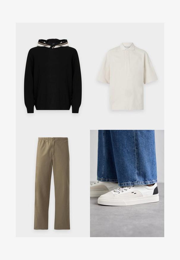 Pull-over noir à capuche, avec une texture lisse et des accents rayés autour du bord de la capuche. Design simple et coupe décontractée.; Polo beige à manches courtes, col classique, trois boutons devant et texture douce. Dispose d'une coupe décontractée et ample.; Pantalons kaki en tissu léger. Dotés d'une taille élastique, d'une fermeture à boutons, de jambes droites et d'une texture lisse.; Baskets blanches et noires avec une tige en cuir lisse, des accents texturés et une semelle épaisse blanche. Présentent un design classique à lacets.