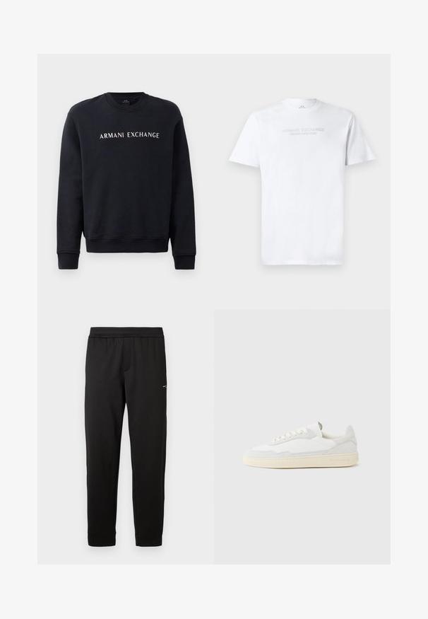 Sweatshirt noir avec col ras du cou, poignets et ourlet côtelés, avec le logo "ARMANI EXCHANGE" en blanc sur la poitrine.; T-shirt en coton blanc avec col rond, manches courtes et logo en relief "ARMANI EXCHANGE MILANO/NEW YORK" sur le devant.; Pantalon de sport noir en tissu doux. Taille élastique et poignets élastiques. Présente un petit logo sur le côté. Coupe droite.; Baskets blanches avec dessus en daim et cuir texturé. Caractérisées par un bout arrondi, une fermeture à lacets et une semelle en caoutchouc beige contrastante.