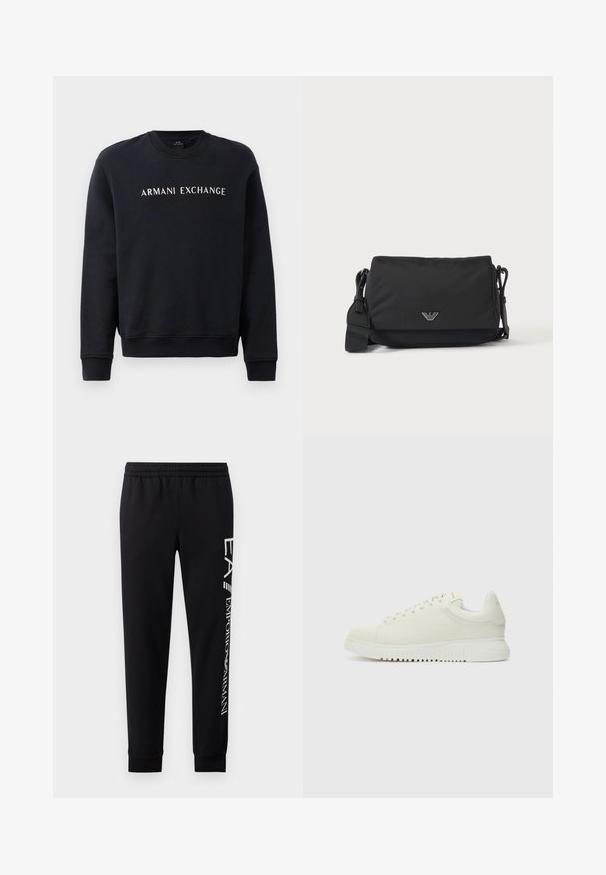 Sweatshirt noir avec col ras du cou, poignets et ourlet côtelés, avec le logo "ARMANI EXCHANGE" en blanc sur la poitrine.; Pantalons de survêtement noirs en mélange de coton, dotés d'une taille élastique, de jambes fuselées, de poignets côtelés et d'un imprimé logo blanc sur le côté.; Baskets blanches en cuir avec un dessus texturé, bout rond, semelle plate blanche et lacets ton sur ton. Marque discrète sur la languette.; Sac bandoulière noir avec sangle réglable et petit emblème logo argenté sur le rabat avant, présenté sur un fond clair uni.