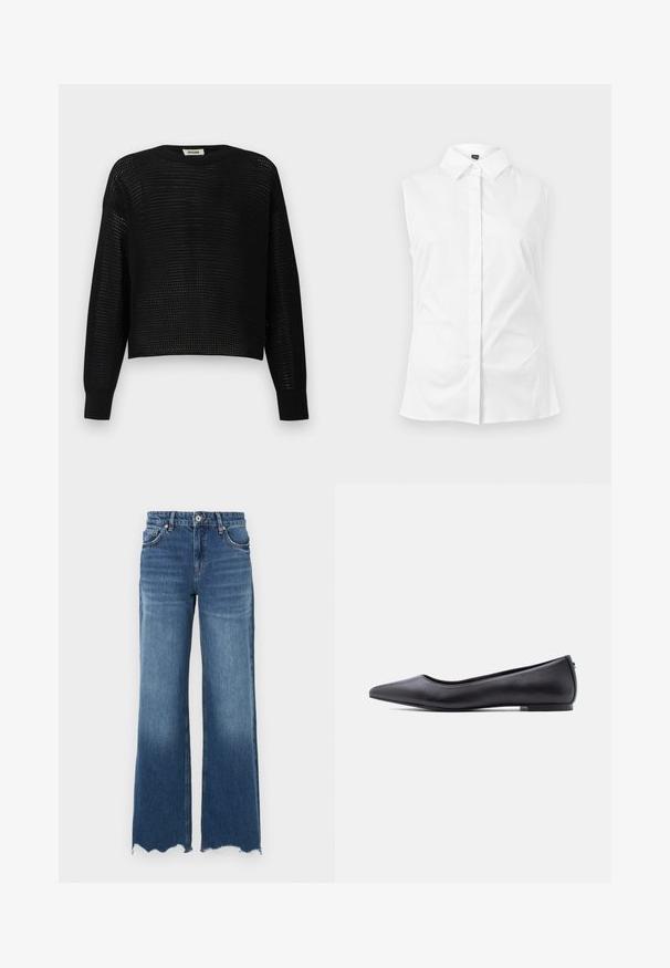 Pull noir à manches longues en maille avec un tissage lâche et ouvert, avec des poignets et un col côtelés, étiqueté DRYKORN.; Chemise blanche sans manches à boutons, col pointu, tissu lisse et silhouette épurée et ajustée.; Jean flare en denim bleu moyen, avec un ourlet effiloché, cinq poches et une fermeture avant à boutons.; Chaussure plate en cuir noire à bout pointu avec petit talon, vue de profil sur fond blanc.