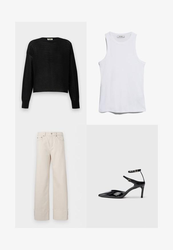 Pull noir à manches longues en maille avec un tissage lâche et ouvert, avec des poignets et un col côtelés, étiqueté DRYKORN.; Débardeur blanc à côtes, avec un col rond et de larges emmanchures. Présente une texture lisse et un ourlet droit. L'étiquette indique "IVY OAK."; Pantalon beige à jambes larges avec fermeture à boutons et zip, passants pour ceinture, poches avant et arrière, et détail d'ourlet brut aux bordures des jambes.; Talons en cuir verni noir avec un bout pointu, des sangles de cheville ajustables et un talon fin. Texture lisse avec une finition brillante.