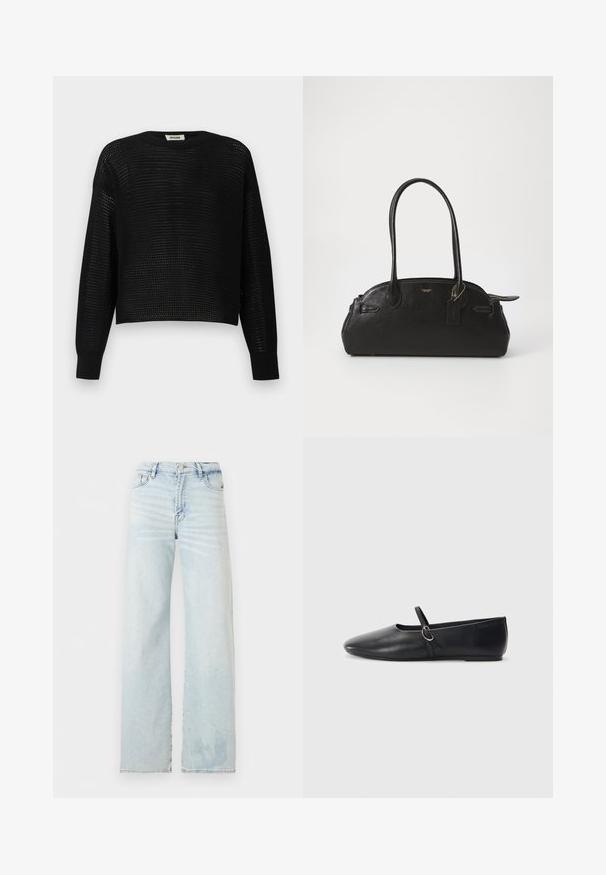 Pull noir à manches longues en maille avec un tissage lâche et ouvert, avec des poignets et un col côtelés, étiqueté DRYKORN.; Jean en denim délavé clair à taille haute avec jambes droites, poches avant, fermeture par bouton et détails discrets d'estompage.; Ballerines noires en cuir avec un bout pointu, une semelle plate et une petite sangle avec un détail de boucle en argent.; Sac à main en cuir noir de forme arrondie, avec deux longues poignées, des éléments en métal doré et une petite étiquette accrochée. Fermeture zippée sur le dessus.
