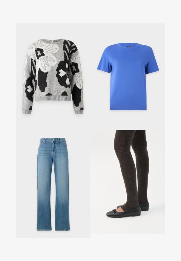 Gebreide trui in grijs met een bloemenpatroon en zwarte en witte accenten. Ronde hals, geribde zoom en mouwen, ontspannen pasvorm.; Effen blauwe t-shirt met korte mouwen en ronde hals getoond op een effen lichtgrijze achtergrond.; Lichtblauwe denim jeans met een hoge taille, rechte wijde pijpen, voorzakken en een knoop- en ritssluiting aan de voorkant.; Benen met donkere geribbelde leggings gecombineerd met zwarte ballerina's met kleine strikdetails op een witte achtergrond.