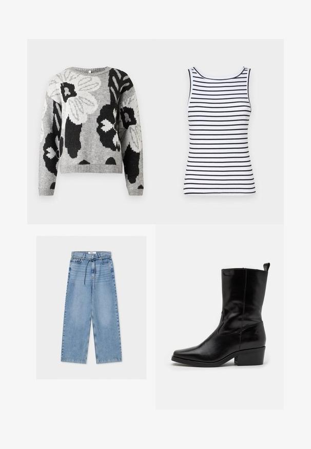 Suéter de punto en gris con un patrón floral en tonos blanco y negro. Cuello redondo, dobladillo y puños acanalados, corte relajado.; Camiseta sin mangas blanca con rayas horizontales negras, que presenta un escote redondo, textura acanalada y una silueta ceñida. Sin adornos ni detalles.; Vaqueros de pierna ancha en azul claro con cintura alta, cierre de botón y cremallera, bolsillos delanteros y un cinturón delgado con cordón.; Botín de cuero negro hasta el tobillo con puntera afilada, tacón bajo y detalles de costura. Presenta paneles elásticos laterales para facilitar el calzado.