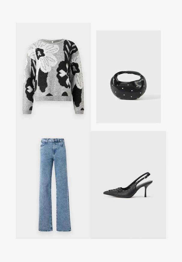 Gebreide trui in grijs met een bloemenpatroon en zwarte en witte accenten. Ronde hals, geribde zoom en mouwen, ontspannen pasvorm.; Noisy May Straight fit NMYOLANDA - Wide leg - medium blue denim; Zwarte leren slingback stiletto met spitse neus, zijgesp met gesp, studs langs de rand en decoratieve veters aan de voorkant.; Zwarte leren handtas met een afgeronde vorm, versierd met zilveren studs, en een korte handgreep. Gladde textuur en ritsluiting.
